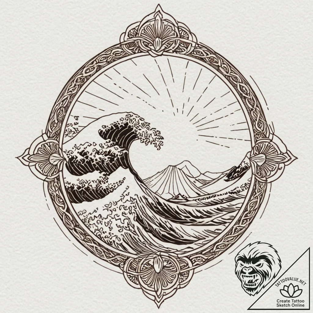 Rising sun over a traditional japanese wave,... - tattoo sketch (№1753358538_0, 24.07.2025 12:02) — tattoovalue.net