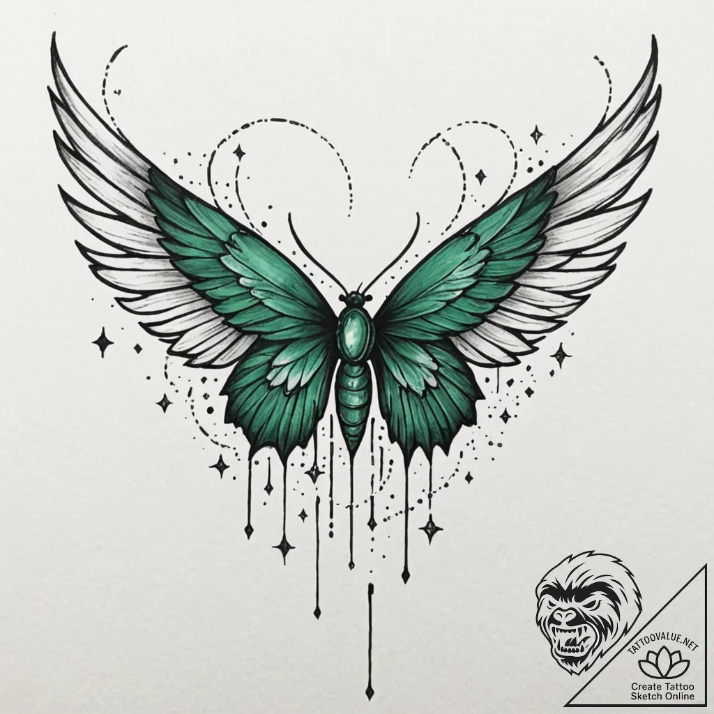Emerald wings among stars, tattoo sketch desi... - tattoo sketch (№1753359844_0, 24.07.2025 12:24) — tattoovalue.net