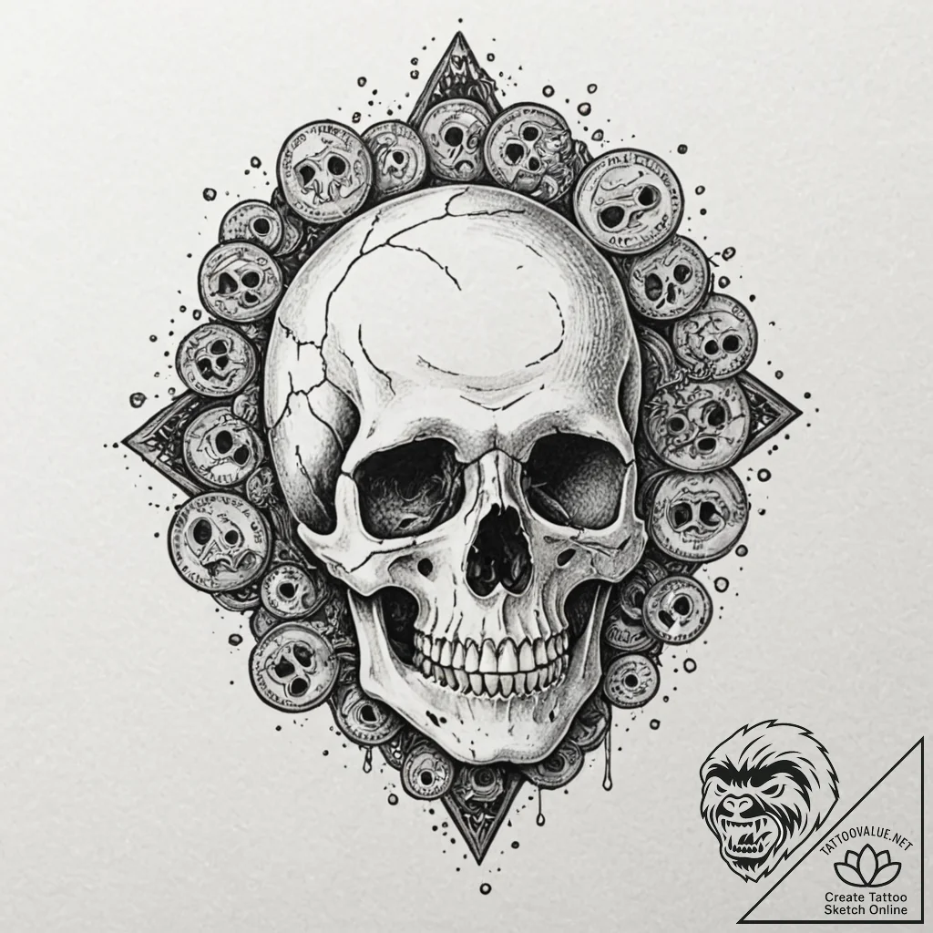 Bone coins spilling from skull, tattoo line a... - tattoo sketch (№1753360136_0, 24.07.2025 12:28) — tattoovalue.net
