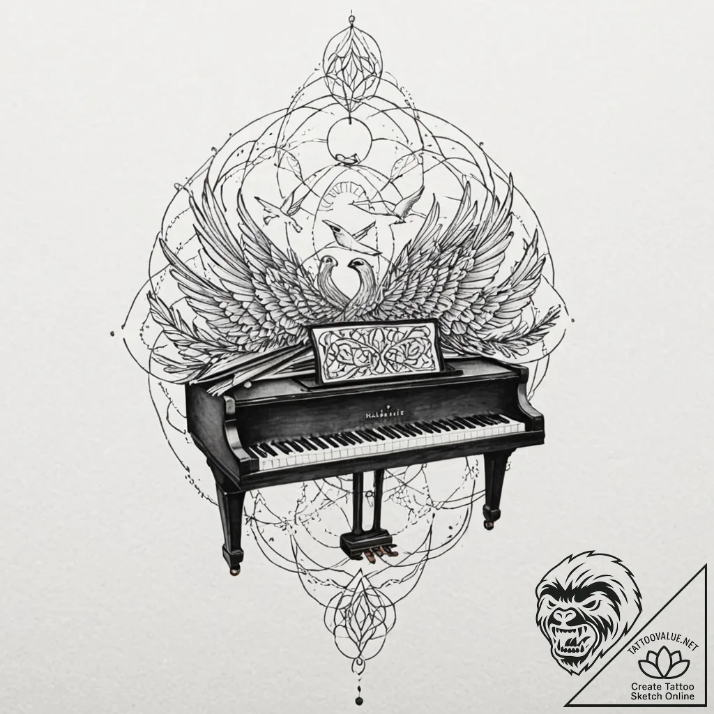 Piano keys morphing into a flock of birds, ta... - tattoo sketch (№1753361169_0, 24.07.2025 12:46) — tattoovalue.net