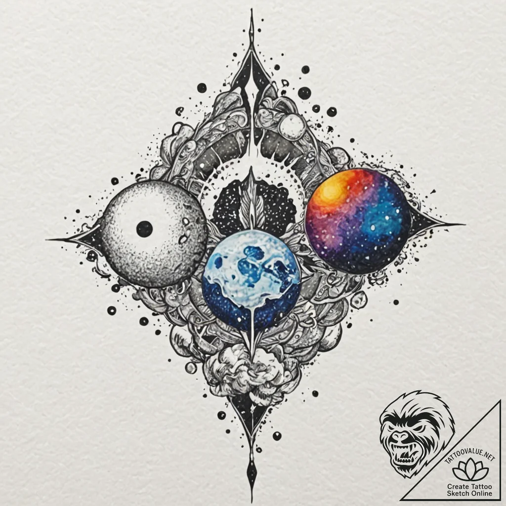 Ice path beneath shattered moons, tattoo draw... - tattoo sketch (№1753361309_0, 24.07.2025 12:48) — tattoovalue.net
