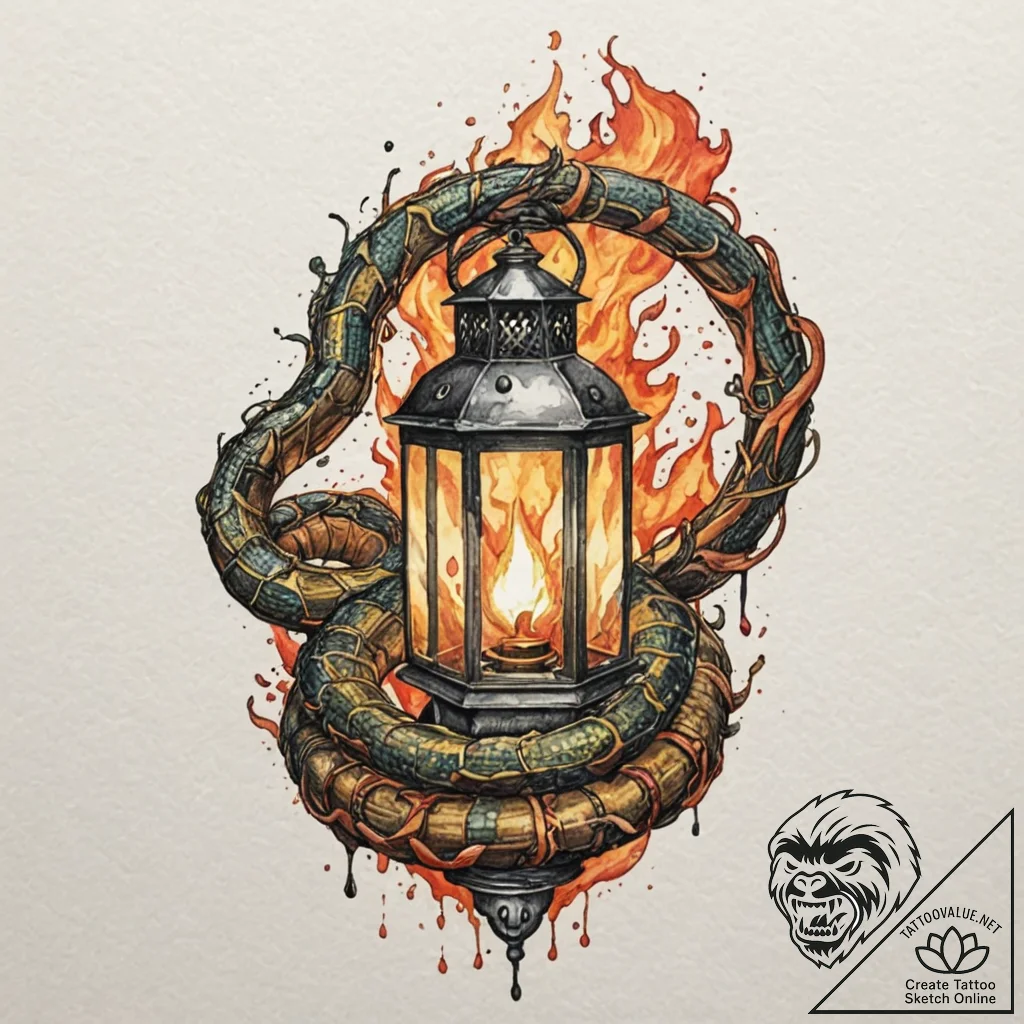 Burning lantern guarded by serpent, ink illus... - tattoo sketch (№1753361600_0, 24.07.2025 12:53) — tattoovalue.net