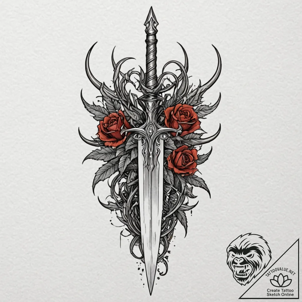 Dagger between cursed thorns, tattoo line art... - tattoo sketch (№1753361742_0, 24.07.2025 12:55) — tattoovalue.net