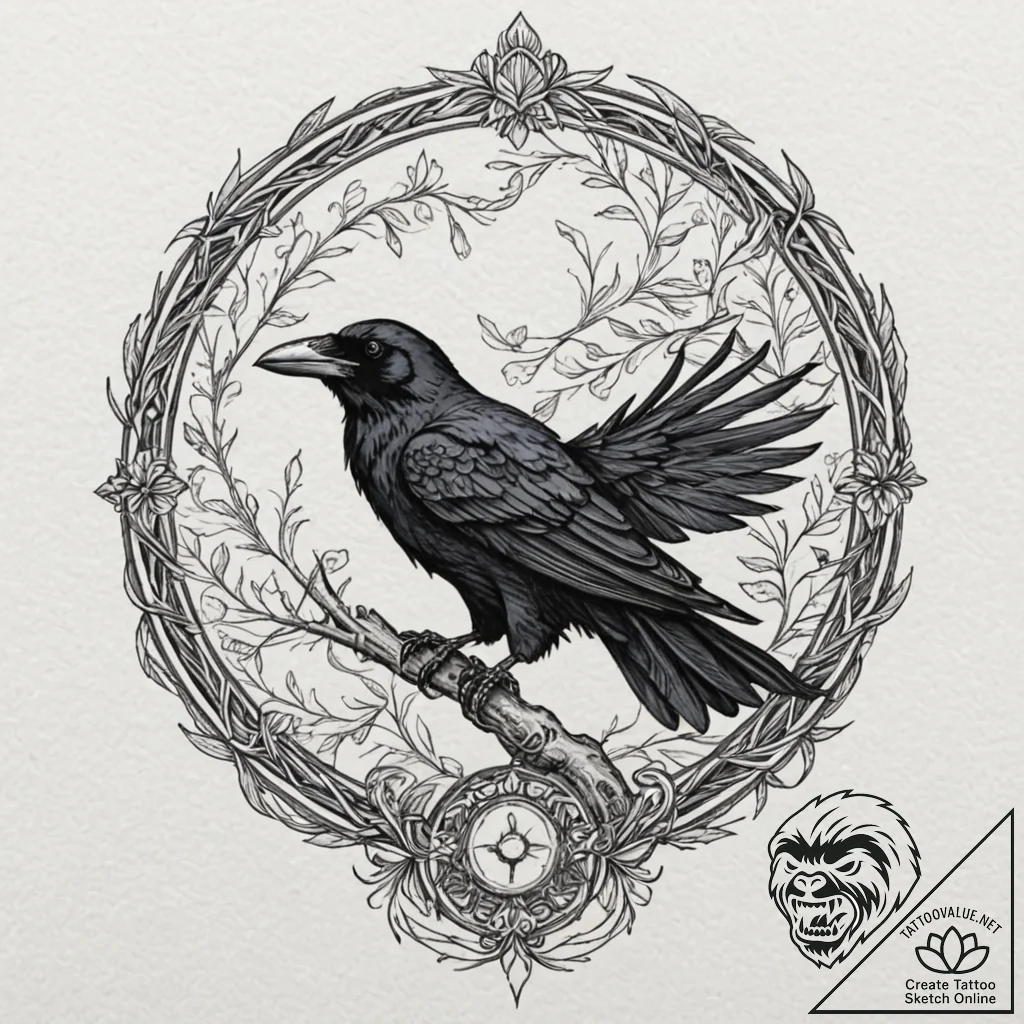 Raven spiral etched in bone, tattoo flash she... - tattoo sketch (№1753361886_0, 24.07.2025 12:58) — tattoovalue.net