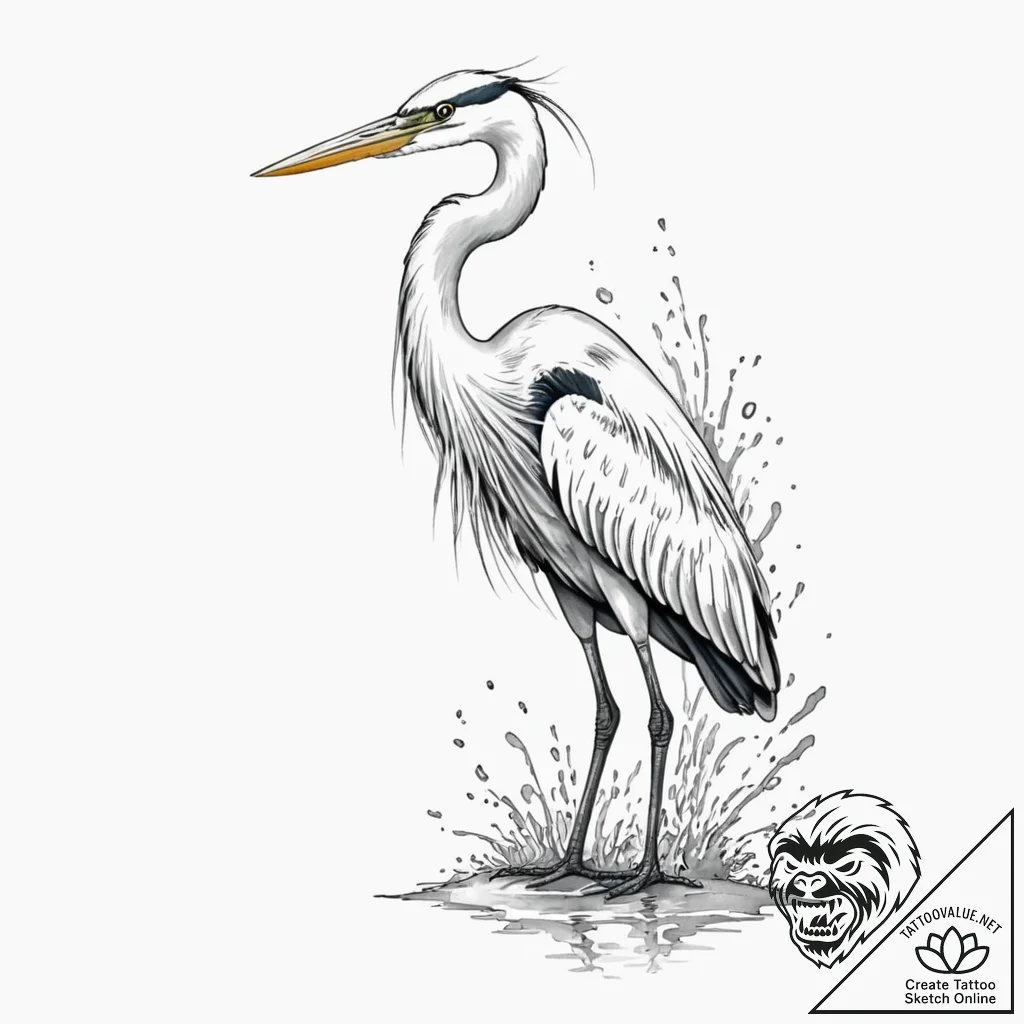 Heron, standing still and patient in the wate... - tattoo sketch (№1753363647_0, 24.07.2025 13:27) — tattoovalue.net