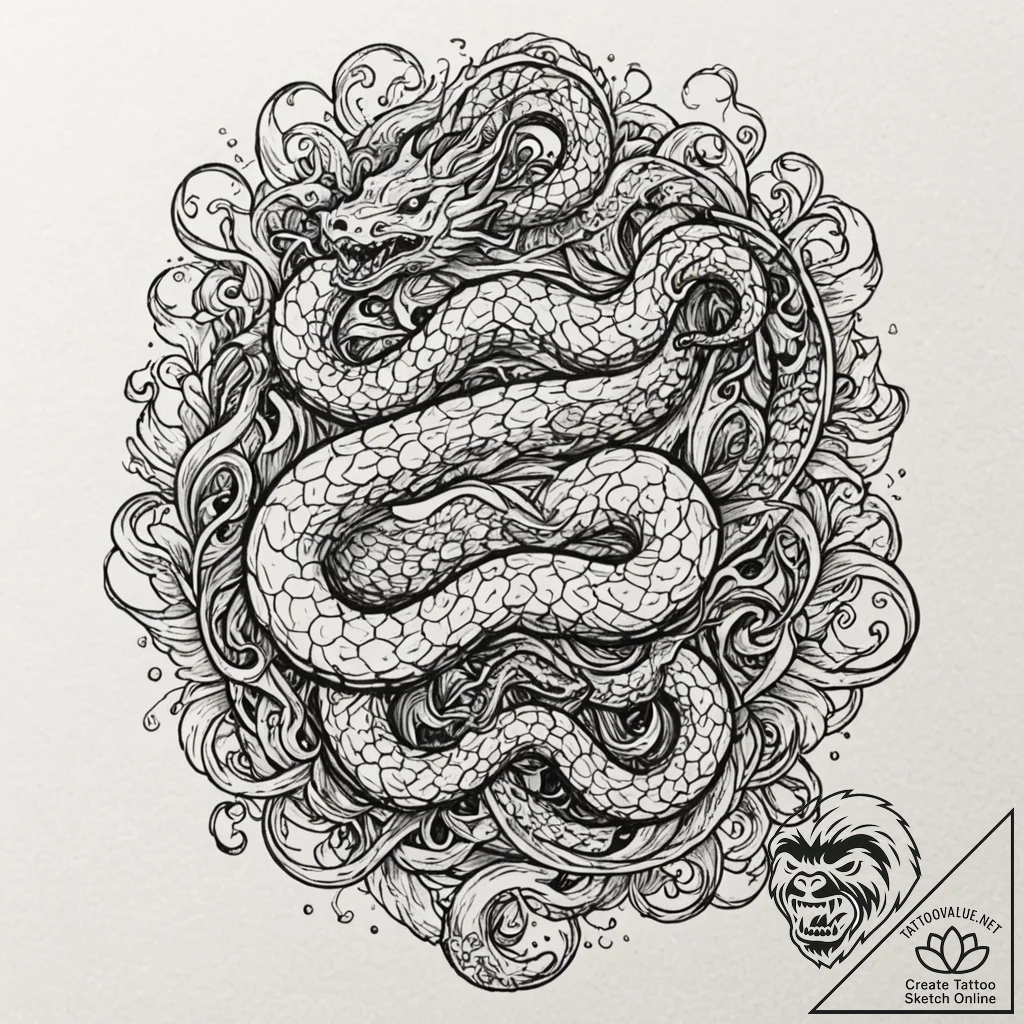 Abyssal serpent in stormy sea, ink illustrati... - tattoo sketch (№1753363792_0, 24.07.2025 13:29) — tattoovalue.net