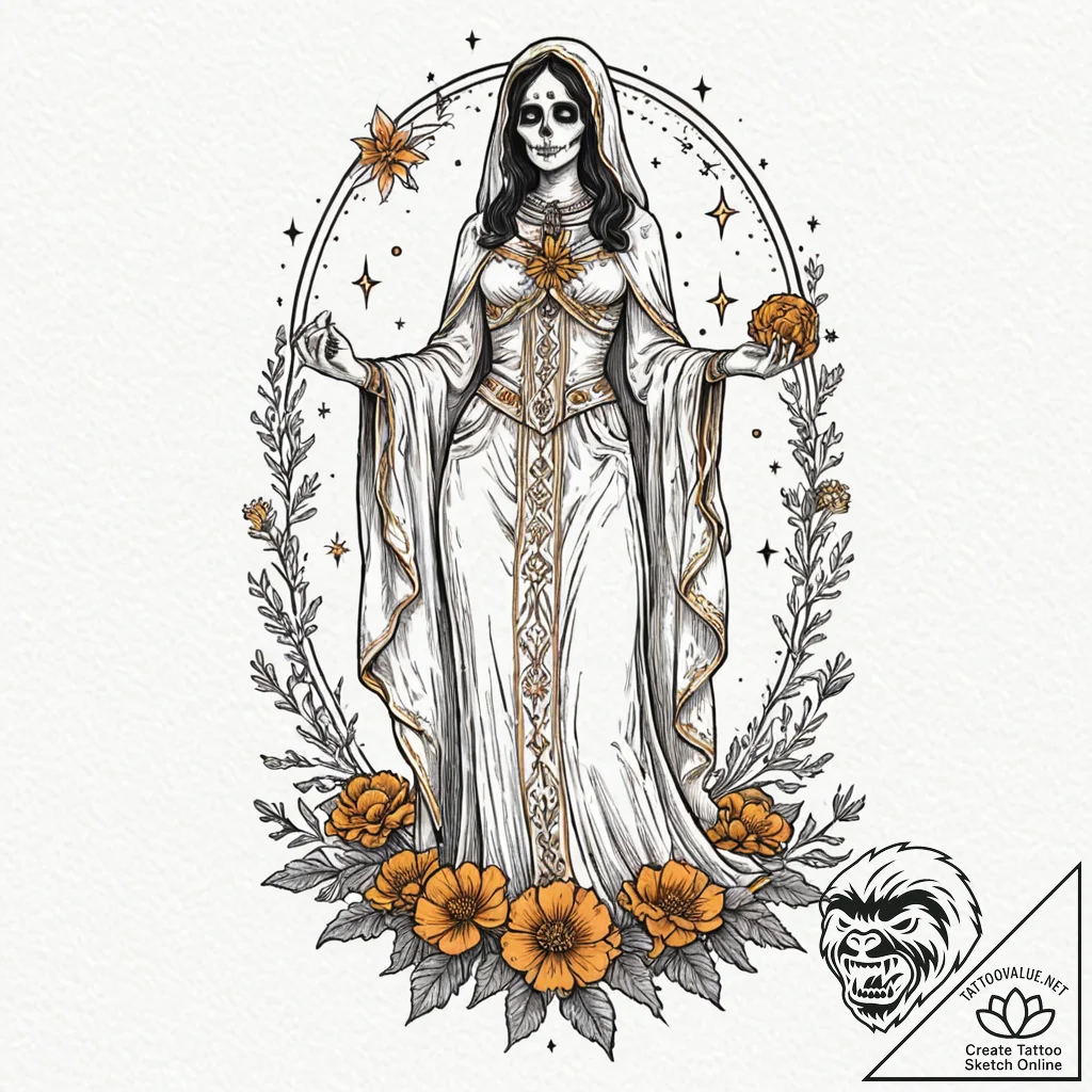 Santa muerte with a gown of marigolds and sta... - tattoo sketch (№1753365253_0, 24.07.2025 13:54) — tattoovalue.net