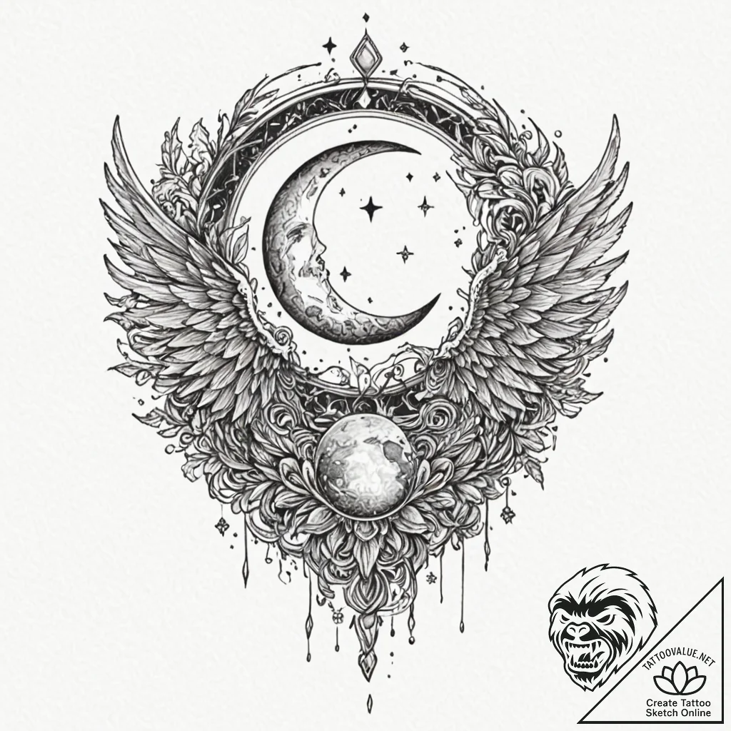Glyph-covered wings beneath shattered moon, a... - tattoo sketch (№1753365549_0, 24.07.2025 13:59) — tattoovalue.net