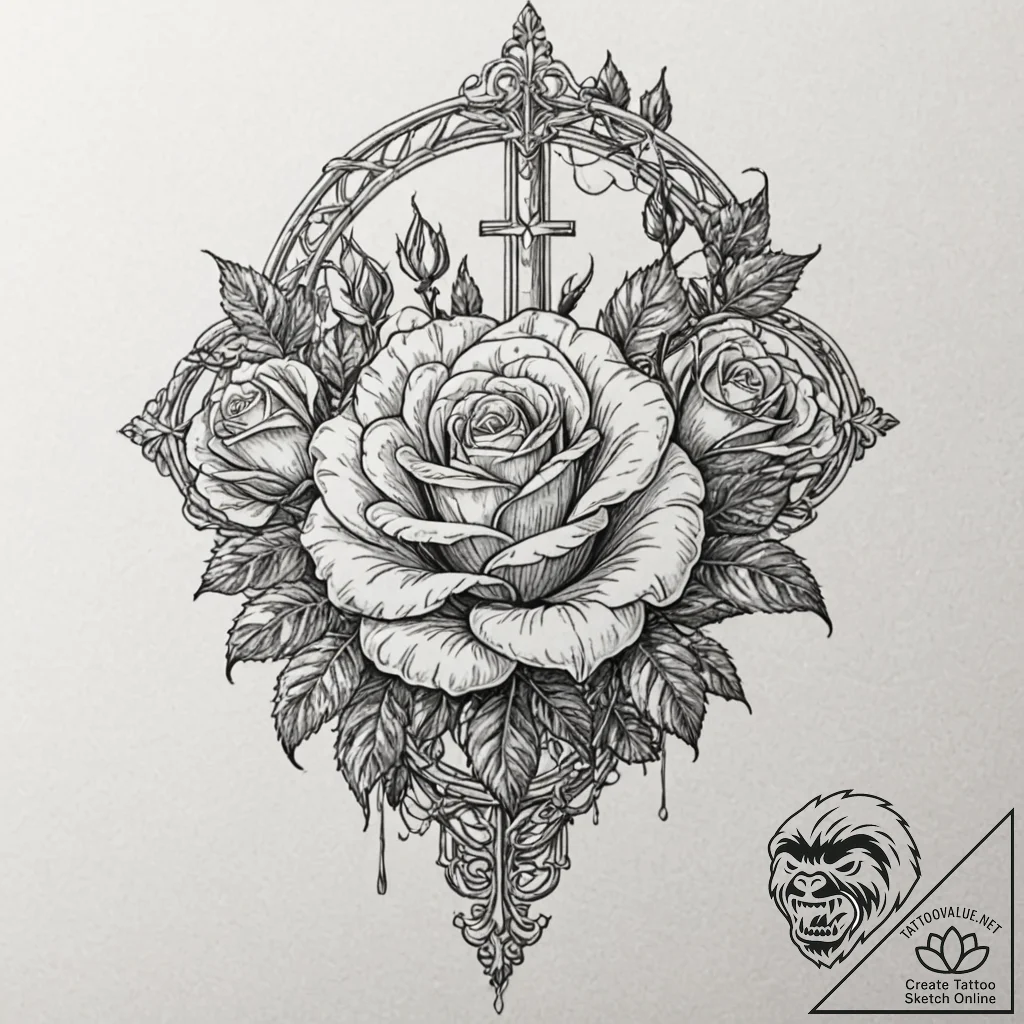 Harrowed rose beneath bone gate, artistic tat... - tattoo sketch (№1753366278_0, 24.07.2025 14:11) — tattoovalue.net