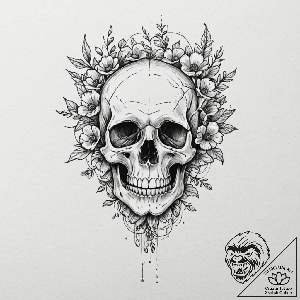 Bone flowers blooming from skull, concept art... - tattoo sketch (№1753366573_0, 24.07.2025 14:16) — tattoovalue.net