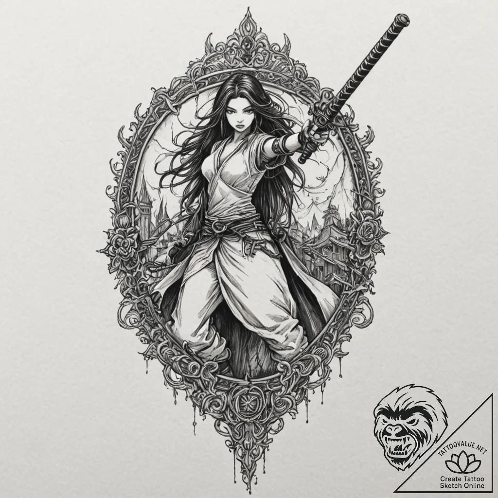 Katana beneath haunted shrine, concept art fo... - tattoo sketch (№1753368042_0, 24.07.2025 14:40) — tattoovalue.net