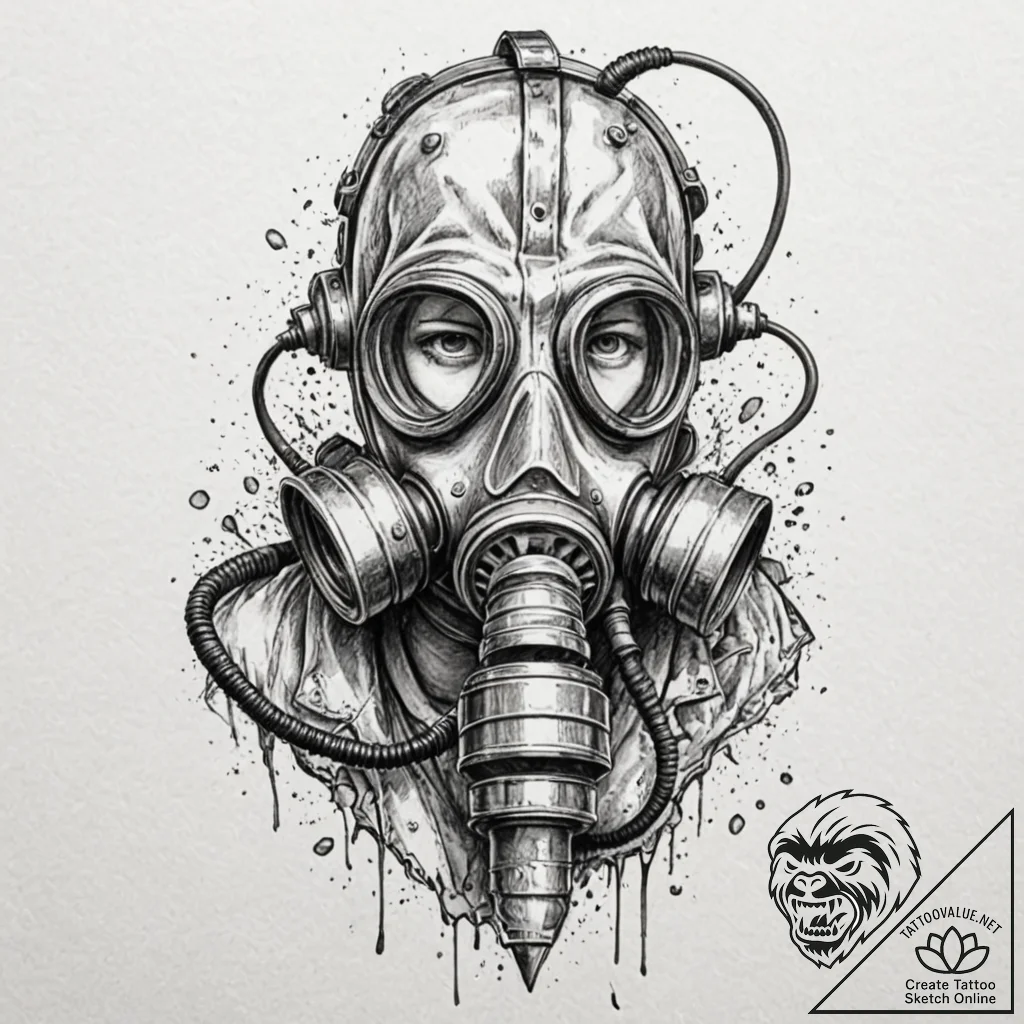 Gas mask connected to a pair of rusted, indus... - tattoo sketch (№1753368781_0, 24.07.2025 14:53) — tattoovalue.net