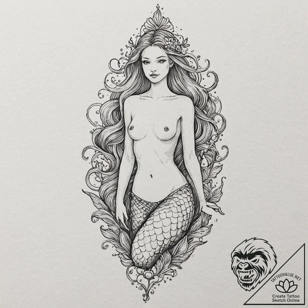 Mermaid, tattoo sketch design, on a clean whi... - tattoo sketch (№1753369648_0, 24.07.2025 15:07) — tattoovalue.net