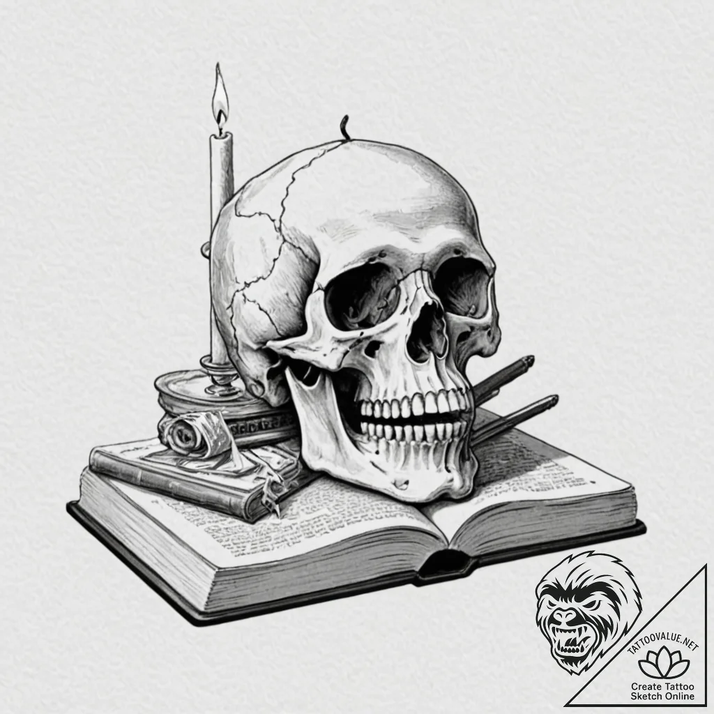 Vanitas still life (skull, candle, book), art... - tattoo sketch (№1753369803_0, 24.07.2025 15:10) — tattoovalue.net