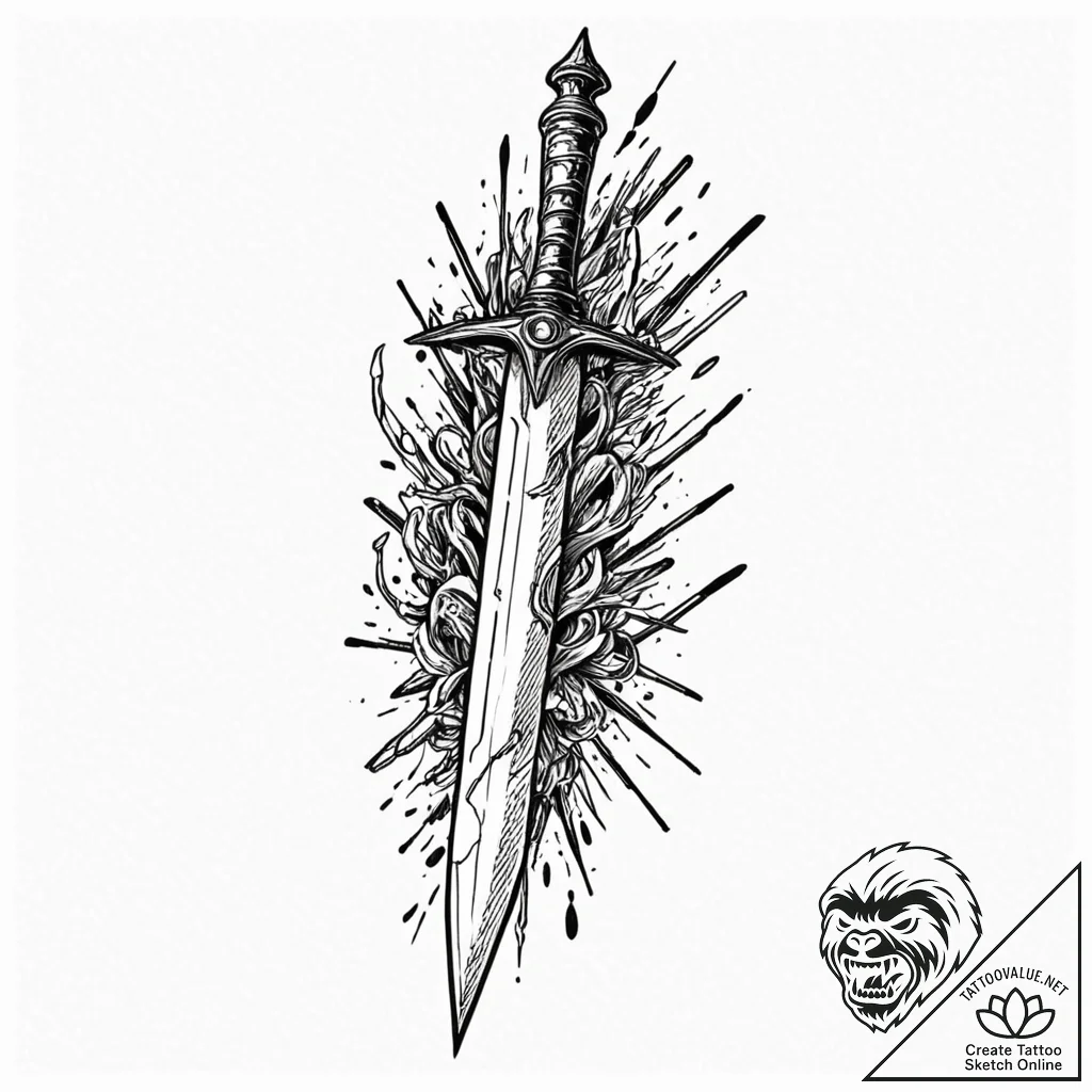 Arcane dagger pulsing with energy, tattoo lin... - tattoo sketch (№1753369939_0, 24.07.2025 15:12) — tattoovalue.net