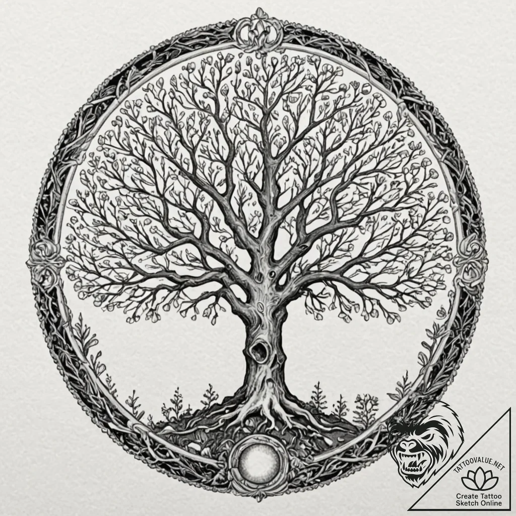 Tree of bones beneath celestial bloom, concep... - tattoo sketch (№1753370074_0, 24.07.2025 15:14) — tattoovalue.net