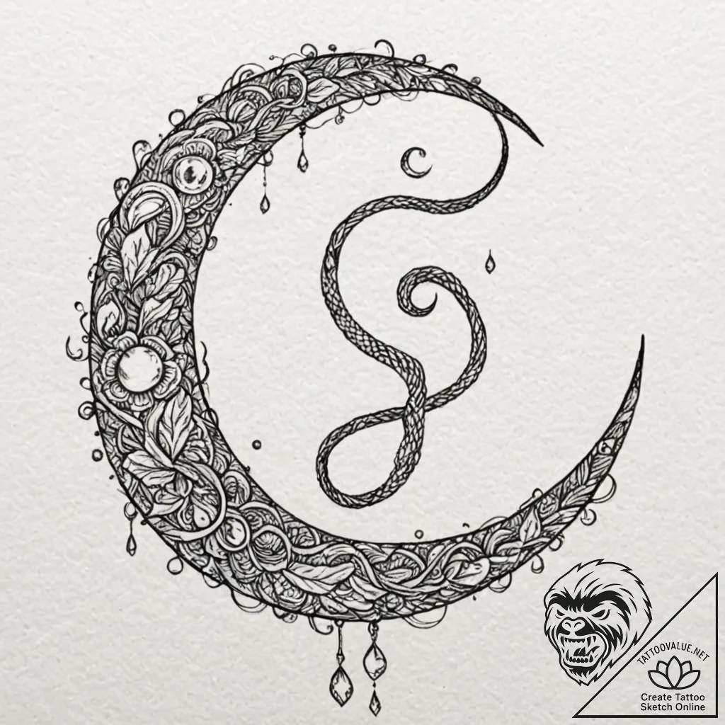 Crystal serpent coiled around moon, artistic... - tattoo sketch (№1753370366_0, 24.07.2025 15:19) — tattoovalue.net