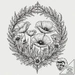 Poppy wreath beneath spectral sky, tattoo ske… – tattoo sketch (№1753370520_0, 24.07.2025 15:22) — tattoovalue.net