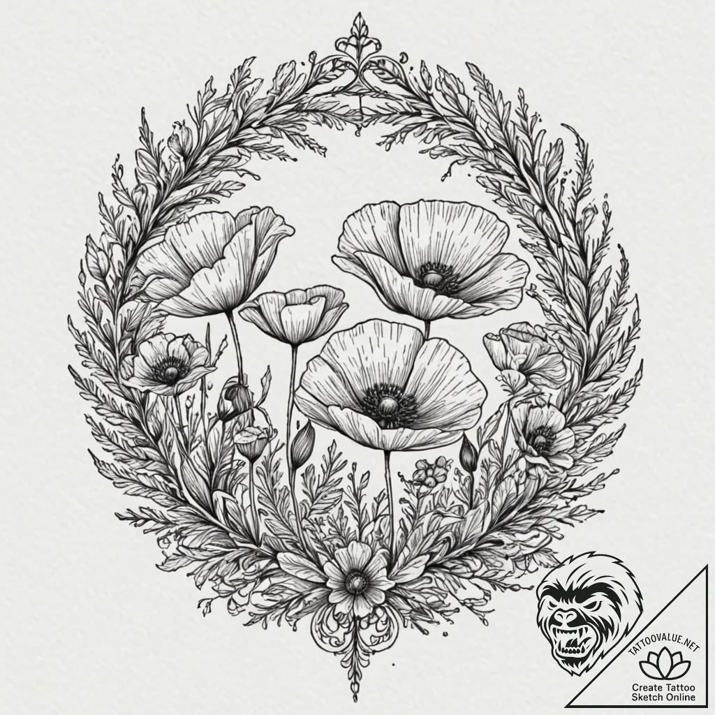 Poppy wreath beneath spectral sky, tattoo ske... - tattoo sketch (№1753370520_0, 24.07.2025 15:22) — tattoovalue.net