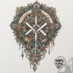 Key with runes and bone carvings, artistic ta… – tattoo sketch (№1753371396_0, 24.07.2025 15:36) — tattoovalue.net