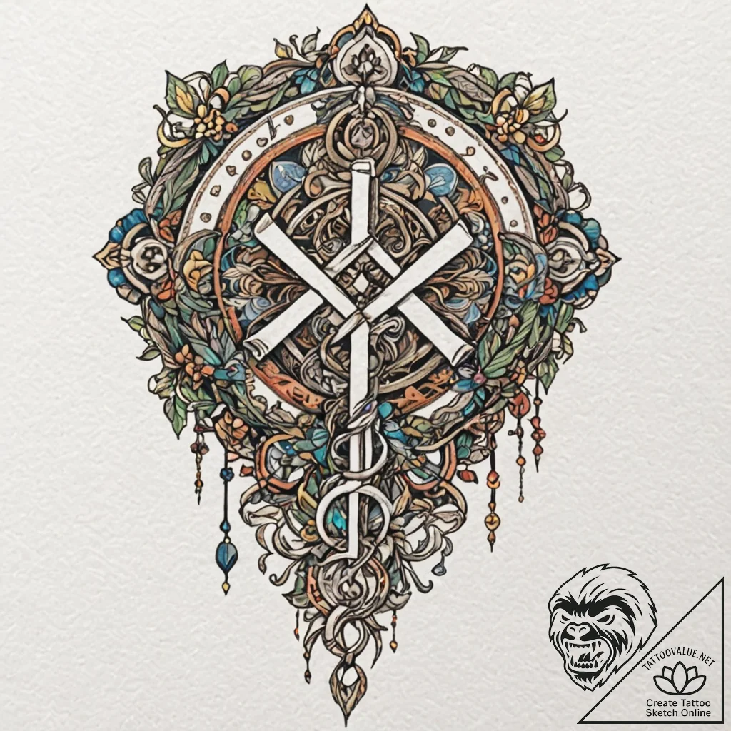 Key with runes and bone carvings, artistic ta... - tattoo sketch (№1753371396_0, 24.07.2025 15:36) — tattoovalue.net