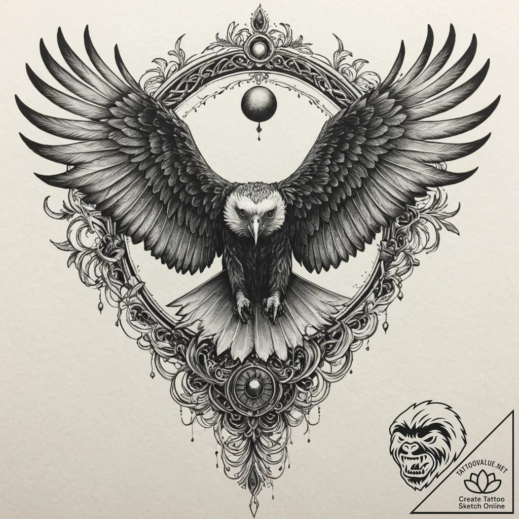 Vulture wings beneath crimson sky, tattoo lin... - tattoo sketch (№1753372131_0, 24.07.2025 15:48) — tattoovalue.net