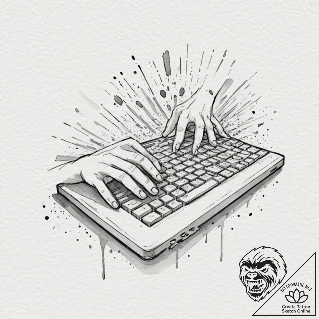 Hacker's hands typing on a translucent, holog... - tattoo sketch (№1753372243_0, 24.07.2025 15:50) — tattoovalue.net