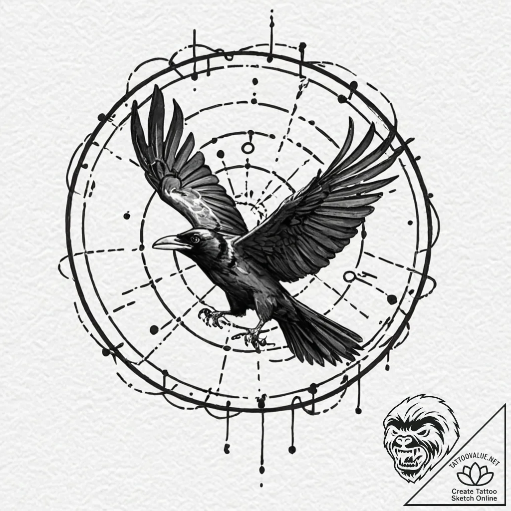 Atomic raven calling from data vortex, ink il... - tattoo sketch (№1753373097_0, 24.07.2025 16:04) — tattoovalue.net