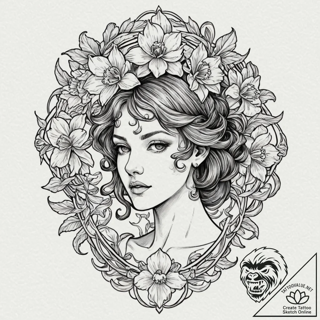 Narcissus, concept art for tattoo, neo tradit... - tattoo sketch (№1753373298_0, 24.07.2025 16:08) — tattoovalue.net