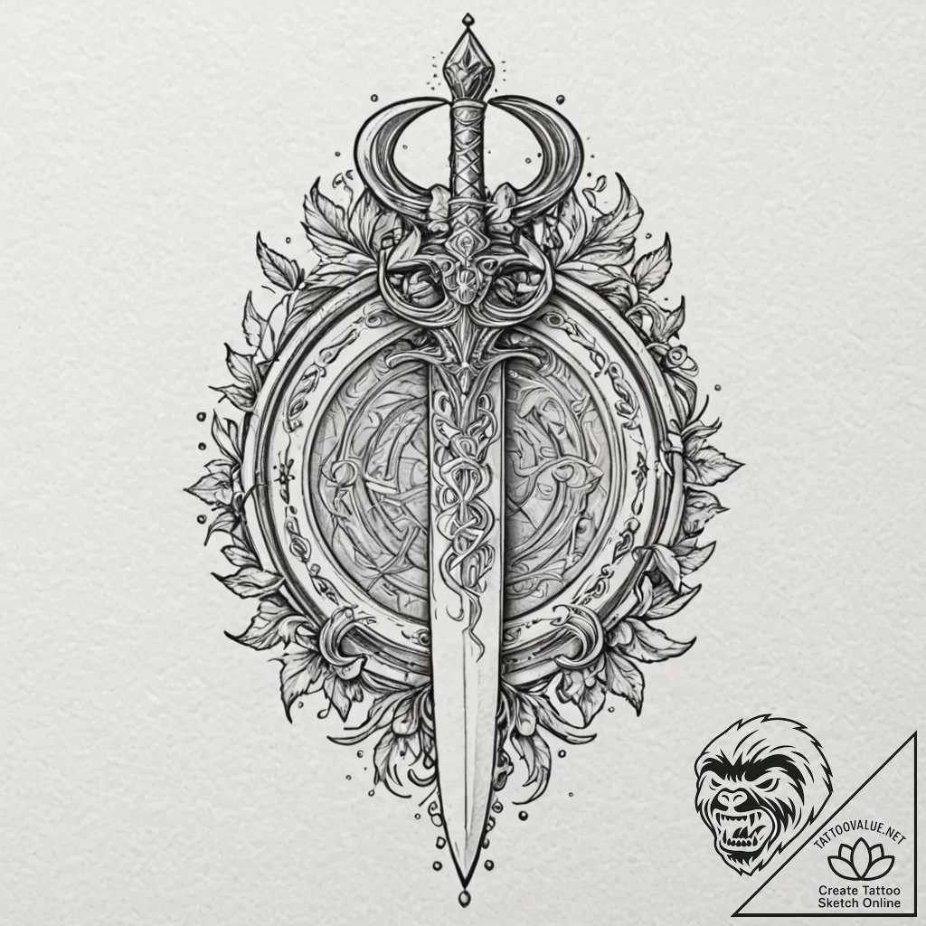 Dagger through lunar emblem, artistic tattoo... - tattoo sketch (№1753373497_0, 24.07.2025 16:11) — tattoovalue.net