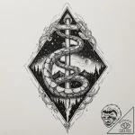 Hallowed serpent beneath celestial spire, con… – tattoo sketch (№1753373704_0, 24.07.2025 16:15) — tattoovalue.net