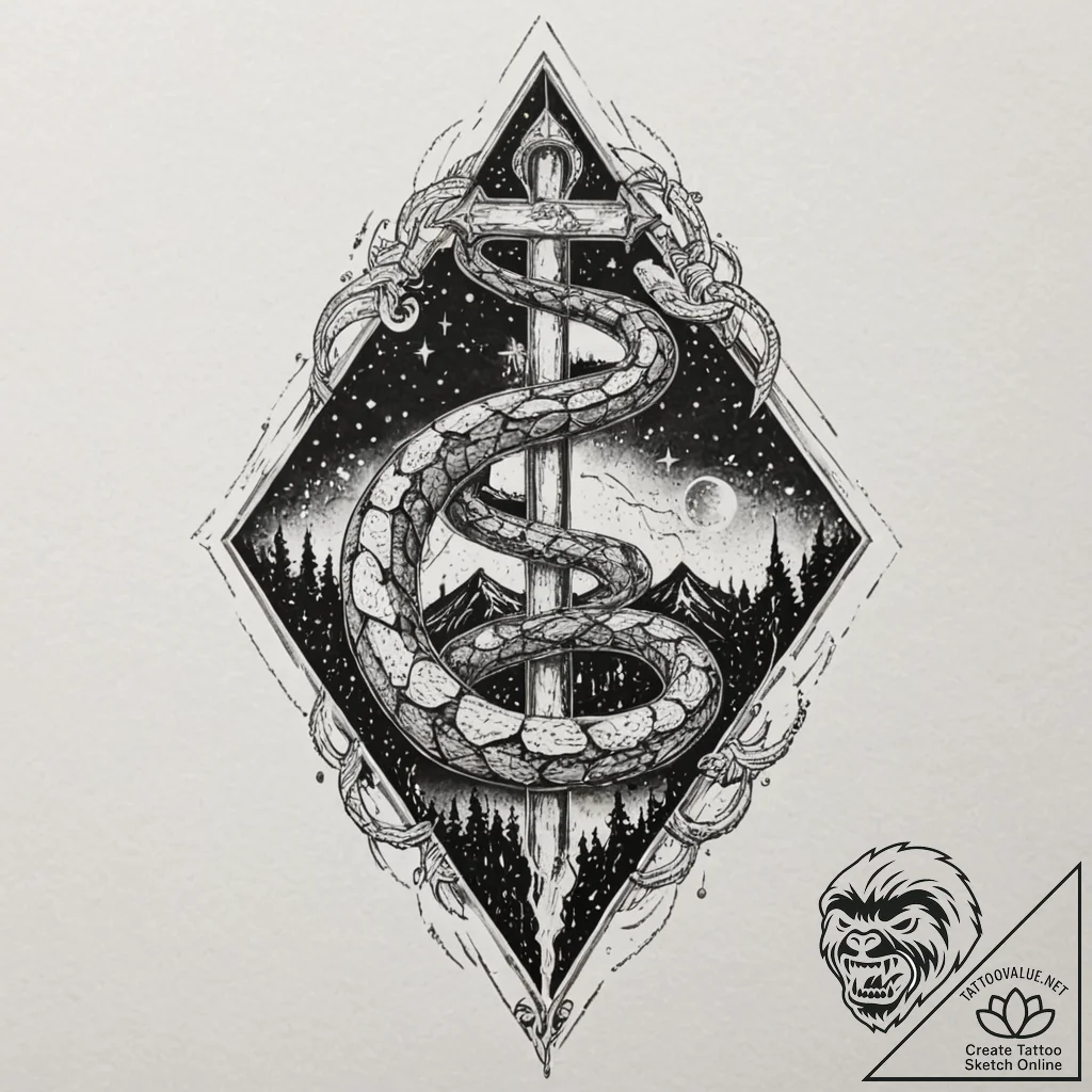 Hallowed serpent beneath celestial spire, con... - tattoo sketch (№1753373704_0, 24.07.2025 16:15) — tattoovalue.net