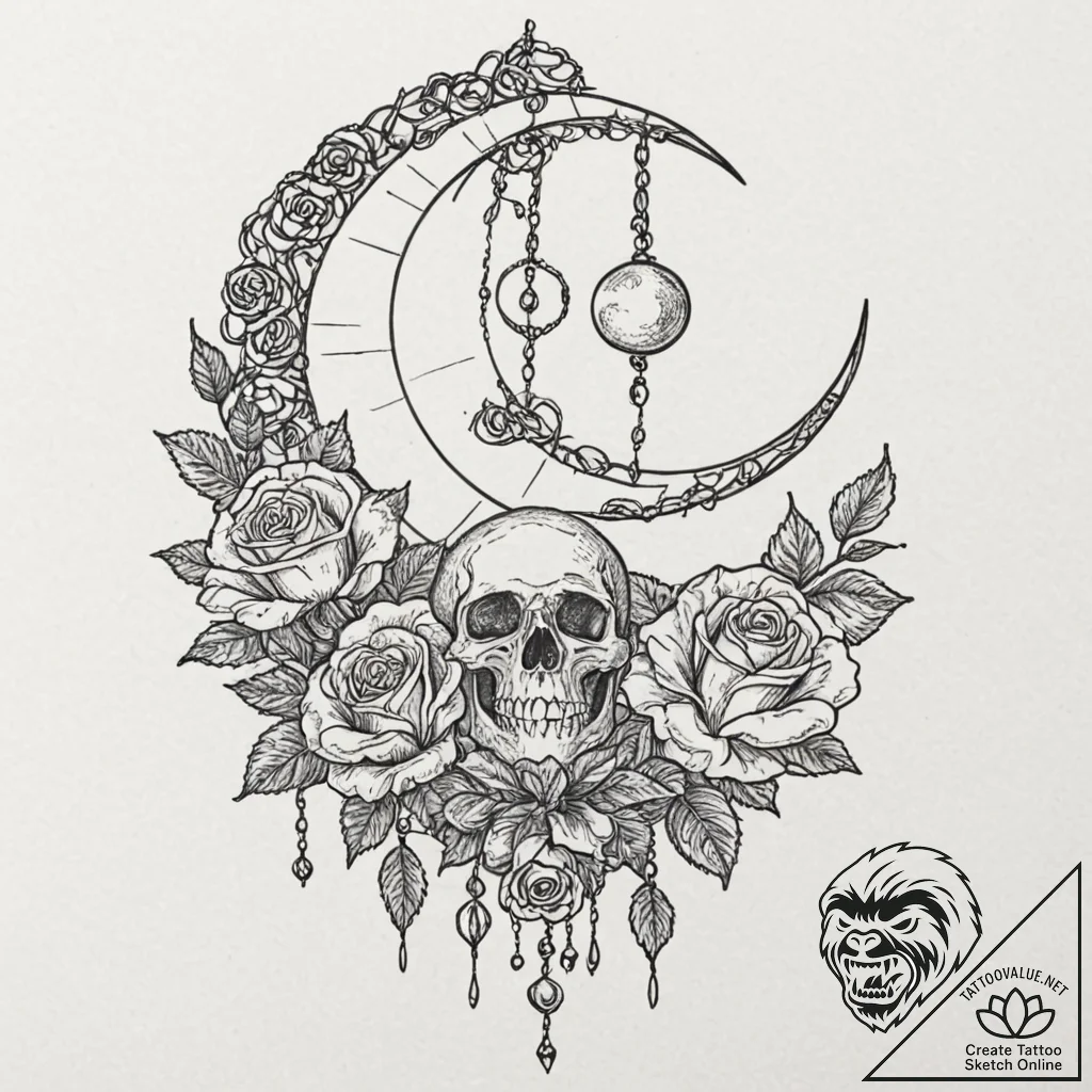 Etched chains holding moon fragment, artistic... - tattoo sketch (№1753374331_0, 24.07.2025 16:25) — tattoovalue.net