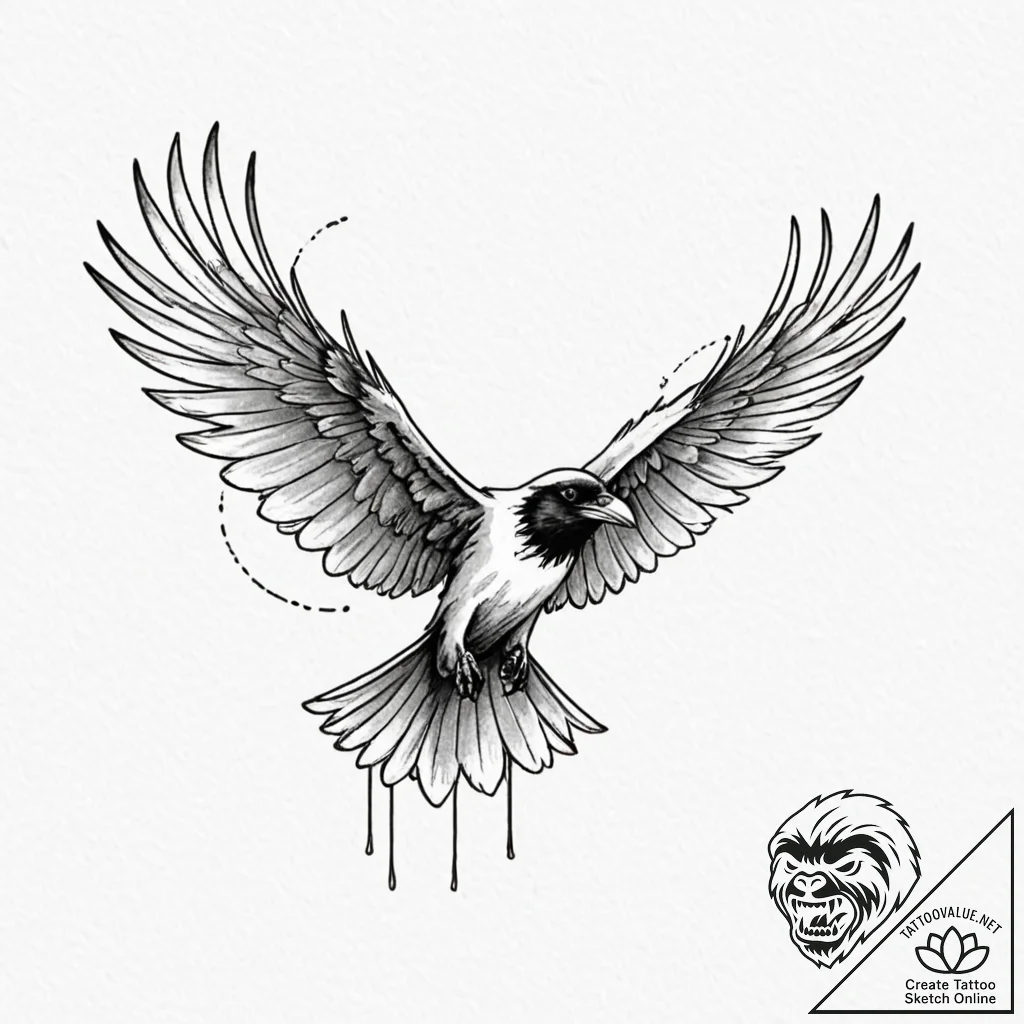 Angelic raven soaring through endless sky, ta... - tattoo sketch (№1753374774_0, 24.07.2025 16:32) — tattoovalue.net