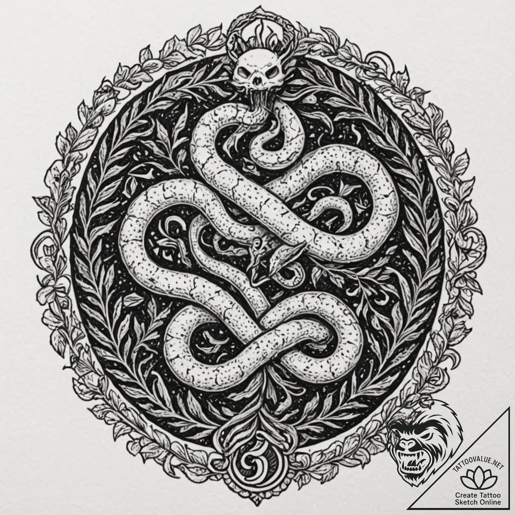 Serpent roots devouring ancient seal, tattoo... - tattoo sketch (№1753375630_0, 24.07.2025 16:47) — tattoovalue.net