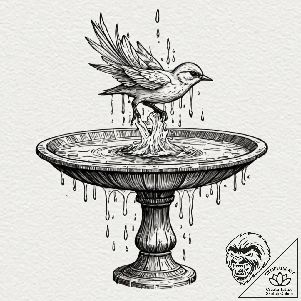 A whimsical bird in a birdbath splashing, ref... - tattoo sketch (№1753375838_0, 24.07.2025 16:50) — tattoovalue.net