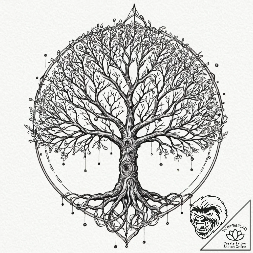 Yggdrasil, the world tree, depicted as a mass... - tattoo sketch (№1753376045_0, 24.07.2025 16:54) — tattoovalue.net