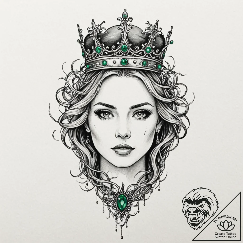 Emerald crown swallowed by roots, ink illustr... - tattoo sketch (№1753376459_0, 24.07.2025 17:00) — tattoovalue.net