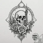 Eclipse above burning tower, tattoo drawing o… – tattoo sketch (№1753376871_0, 24.07.2025 17:07) — tattoovalue.net