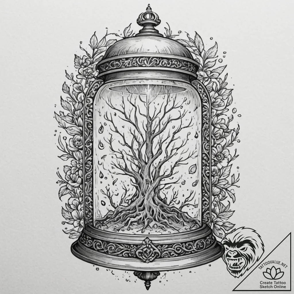 Bell jar containing a miniature, self-contain... - tattoo sketch (№1753377512_0, 24.07.2025 17:18) — tattoovalue.net