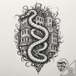 Apocalyptic serpent crushing city, tattoo fla… – tattoo sketch (№1753377926_0, 24.07.2025 17:25) — tattoovalue.net