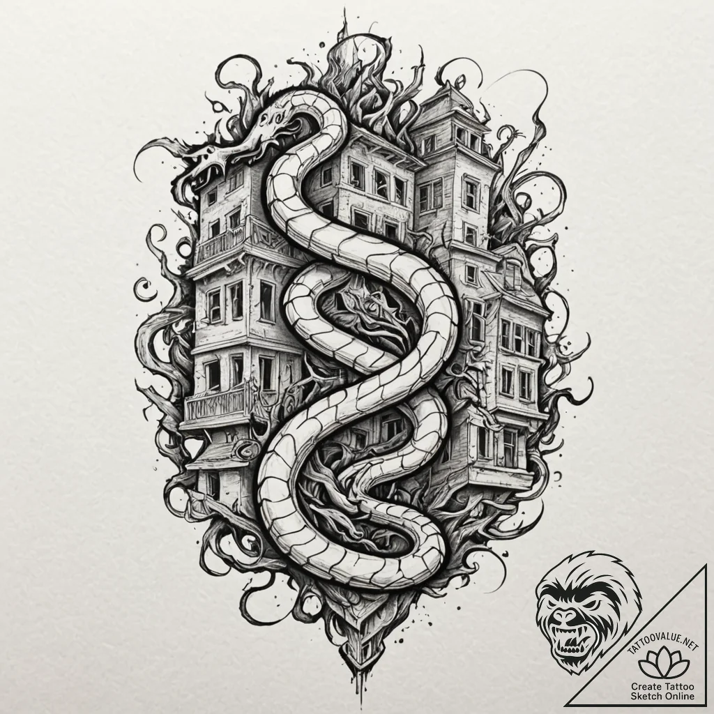 Apocalyptic serpent crushing city, tattoo fla... - tattoo sketch (№1753377926_0, 24.07.2025 17:25) — tattoovalue.net