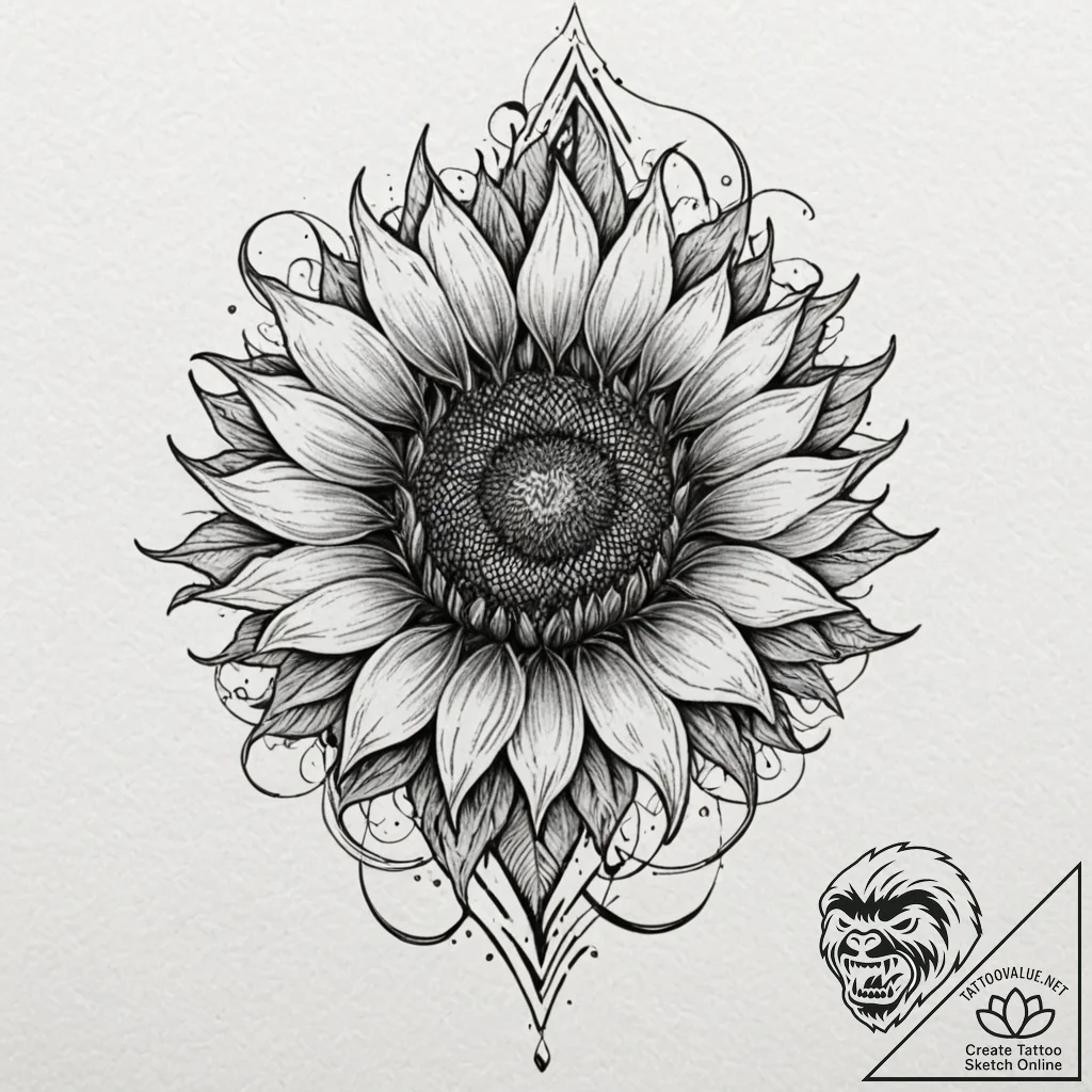 Sunflower beneath burning veil, artistic tatt... - tattoo sketch (№1753378939_0, 24.07.2025 17:42) — tattoovalue.net
