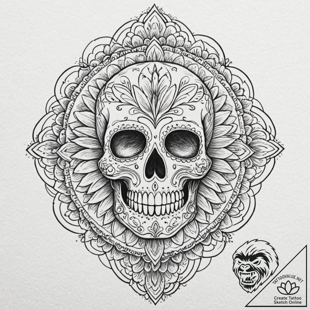 Sugar skull, artistic tattoo sketch, on a cle... - tattoo sketch (№1753379148_0, 24.07.2025 17:45) — tattoovalue.net