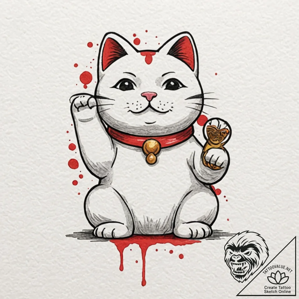 Lucky cat (maneki-neko) waving, tattoo drawin... - tattoo sketch (№1753379574_0, 24.07.2025 17:52) — tattoovalue.net