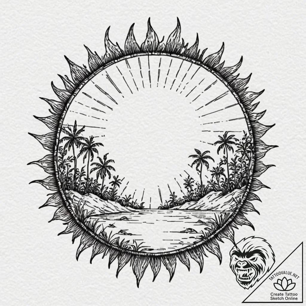 Jungle relic beneath eclipsed sun, artistic t... - tattoo sketch (№1753379773_0, 24.07.2025 17:56) — tattoovalue.net