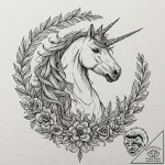 Unicorn with a horn of spiraling darkness, ar… – tattoo sketch (№1753380183_0, 24.07.2025 18:03) — tattoovalue.net