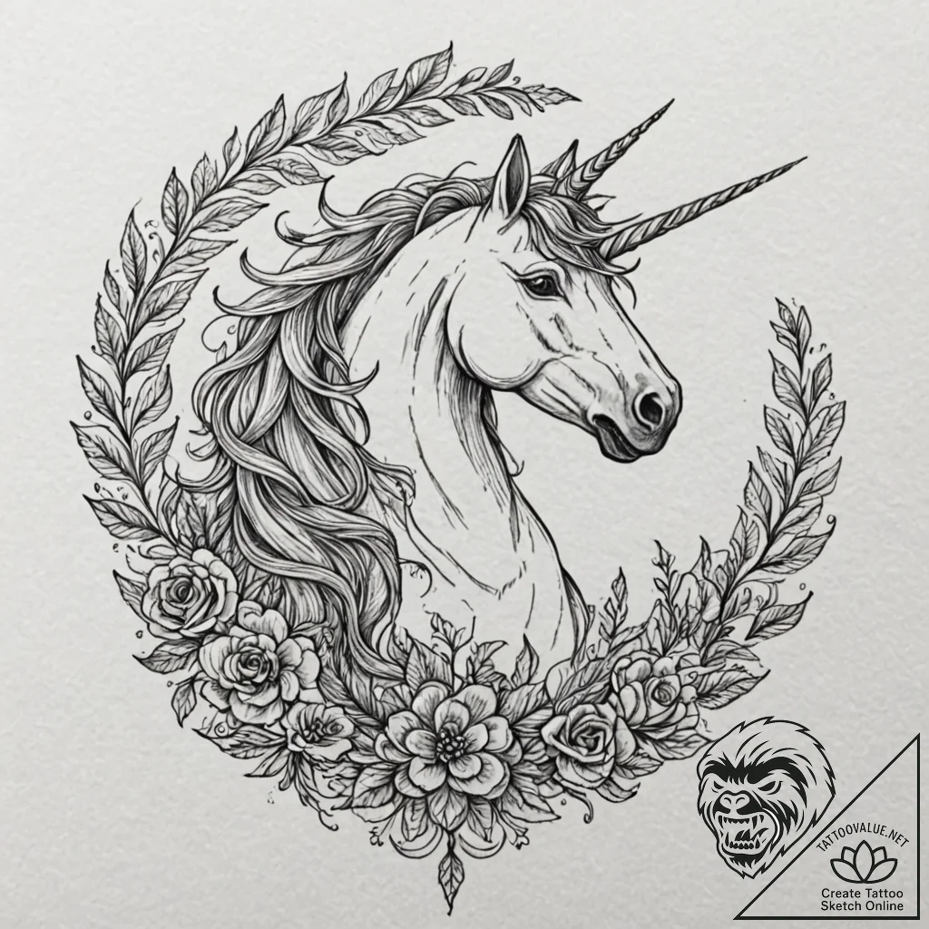 Unicorn with a horn of spiraling darkness, ar... - tattoo sketch (№1753380183_0, 24.07.2025 18:03) — tattoovalue.net