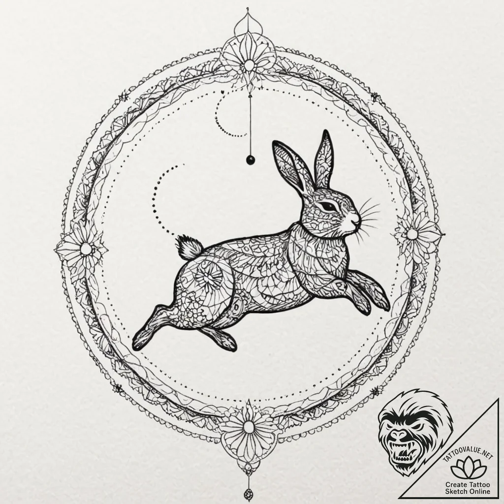 Rabbit silhouette jumping over the moon, tatt... - tattoo sketch (№1753380599_0, 24.07.2025 18:09) — tattoovalue.net