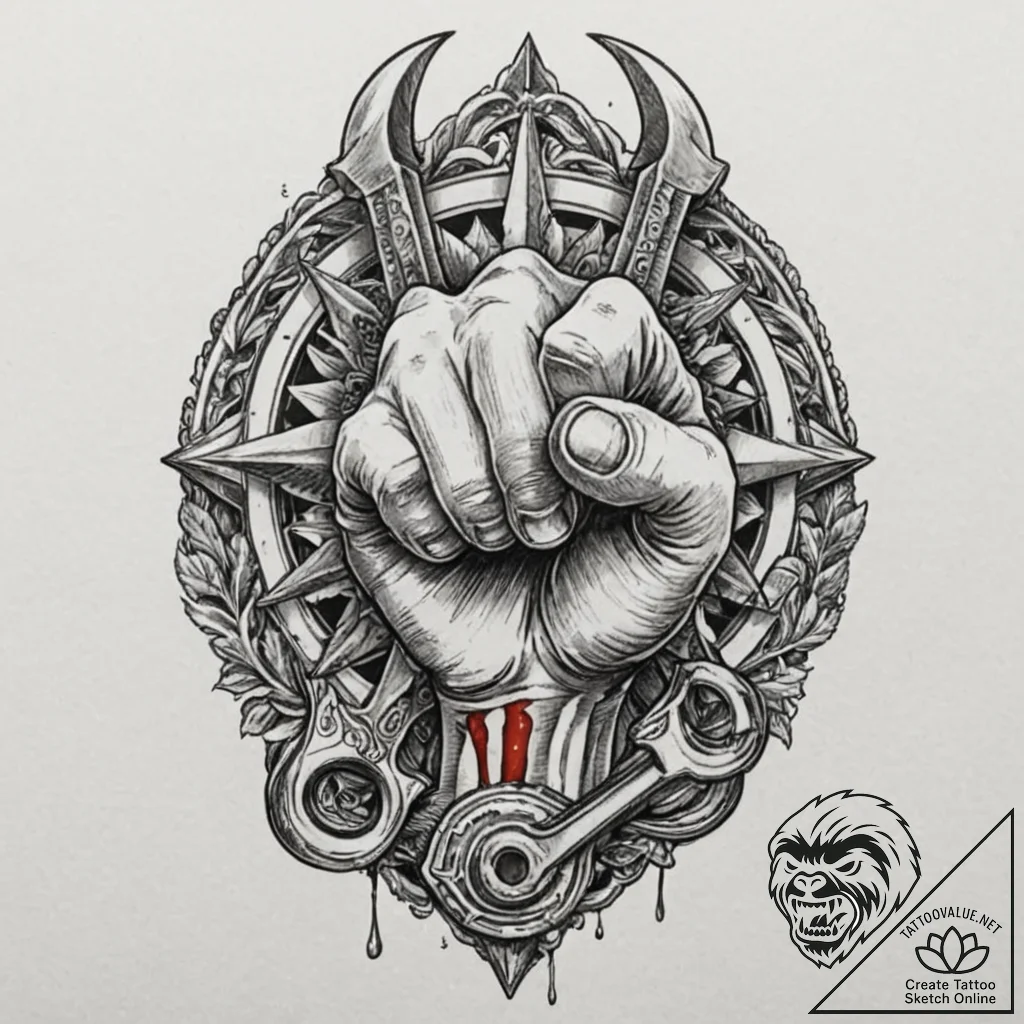 Wrench, bloody, held in a clenched fist, arti... - tattoo sketch (№1753381013_0, 24.07.2025 18:16) — tattoovalue.net